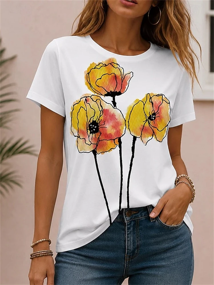 Women's Simple Crew-Neck Short-Sleeve T-Shirt Elegant Top with Colorful Floral Print Loose-Fitting Casual Short-Sleeve Top