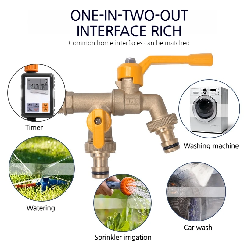 Torneira de água de jardim ao ar livre de latão TMOK 1 entrada 2 saída cor de latão natural anticongelante bibcock com conector de mangueira