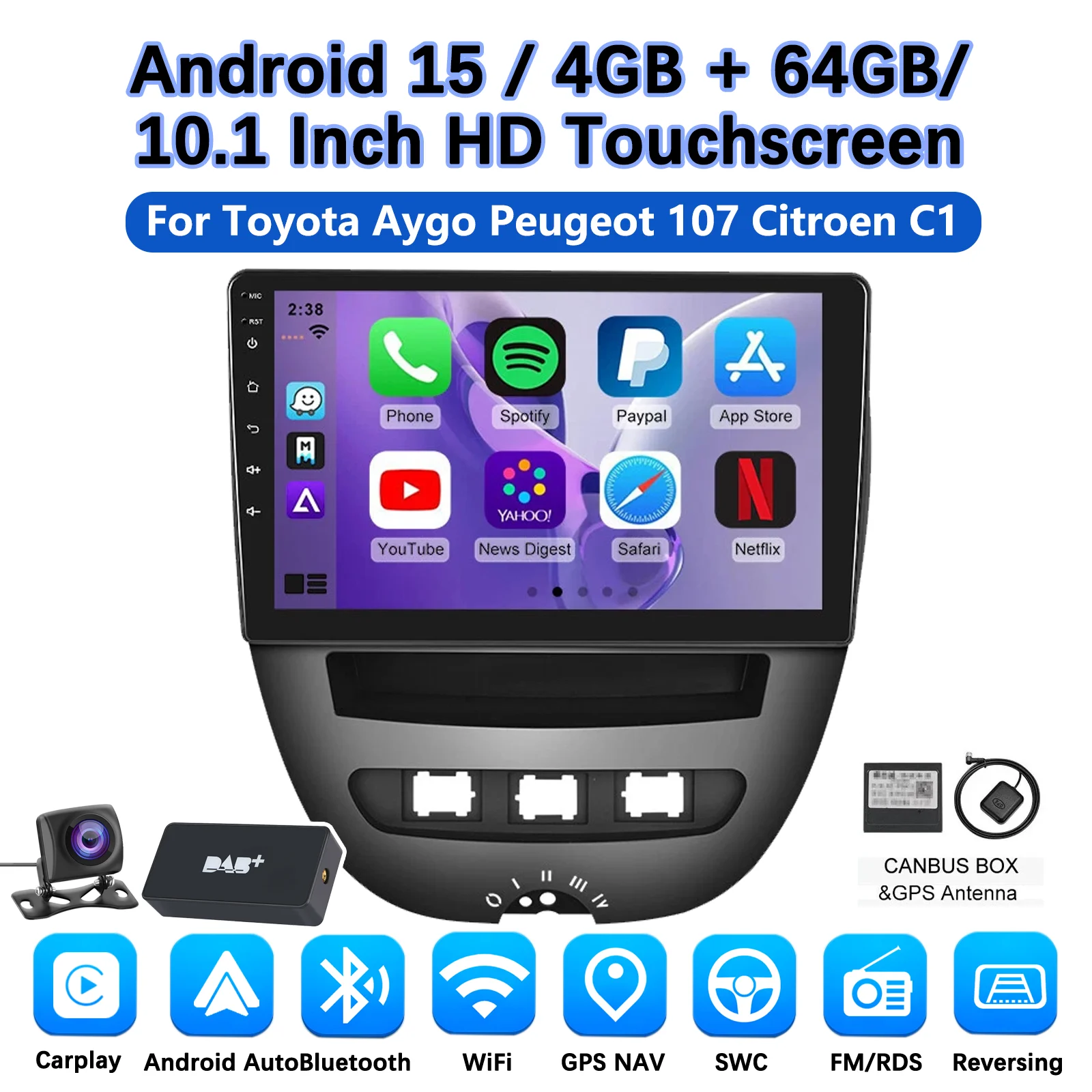 MOPECT 10'' Draadloze CarPlay Autoradio voor Toyota Aygo 2004-2014/PEUGEOT 107/Citroen C1 Android GPS Autoradio FM AM BT DAB+ DVR