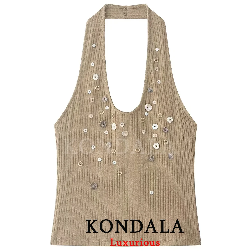 KONDALA Vintage Party Chic Women Halter Top Halter Sequins Backless Top Fashion 2026 Spring SummerHoliday Night Out Beach Top