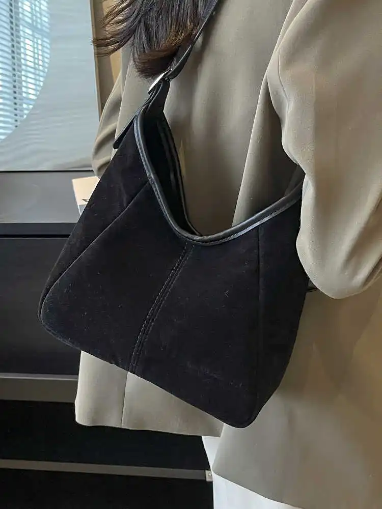 Vintage Frosted Suede Large Capacity Tote Bag 2024 New Women's Zipper Closure Texture Armpit Bags Commuting Versatile Handbag image 5