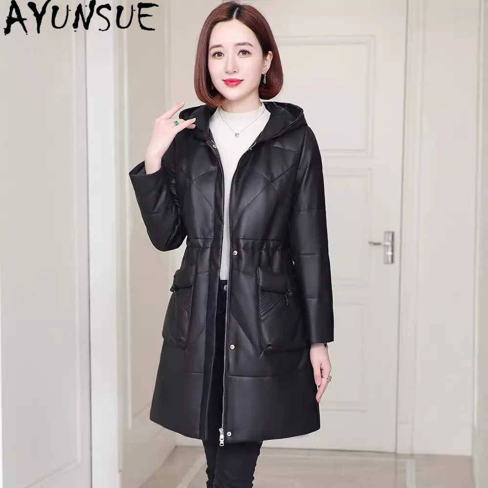 AYUNSUE Echtes Schaffell Echtes Leder Daunenjacke Frauen Winter Kleidung Warme Fuchs Pelz Kragen 2025, Mittellange Weiße Ente Daunenmantel