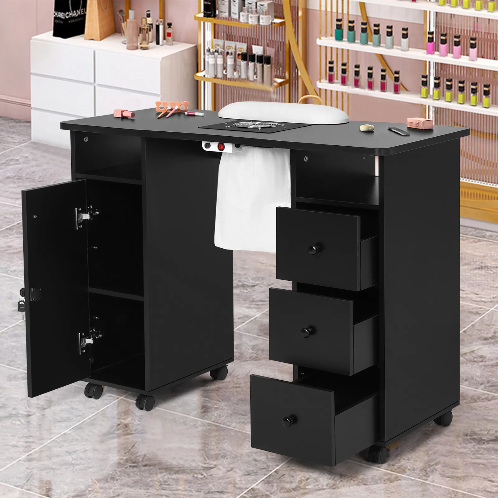 

Handmade nail salon with vacuum cleaner, drawers, wheels, and wrist pads