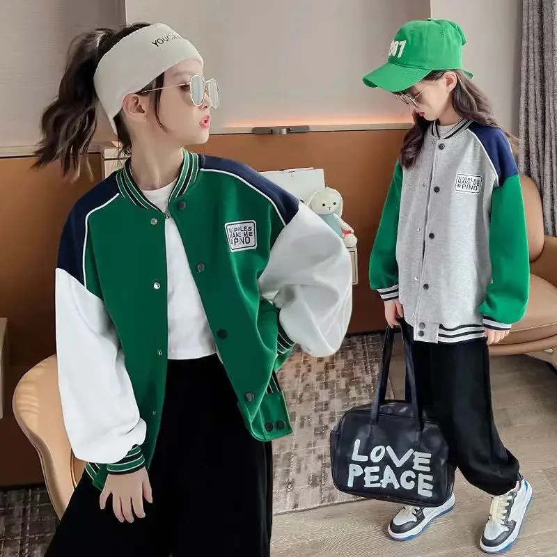 Cotton Contrast Girls Flocked Alphabet Single-breasted Sweat Varsity Jackets School Kids Track Coat Child Outfit Tops 5-16 Years