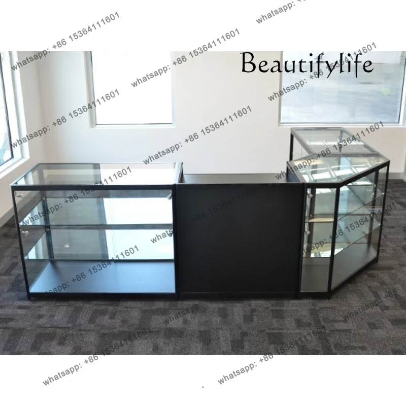 Maßgeschneiderter französischer Stil, L-förmiges Aluminium-Supermarkt-Einzelhandelsgeschäft, drehbare Ecke, Glasvitrine, abschließbares Einkaufszentrum