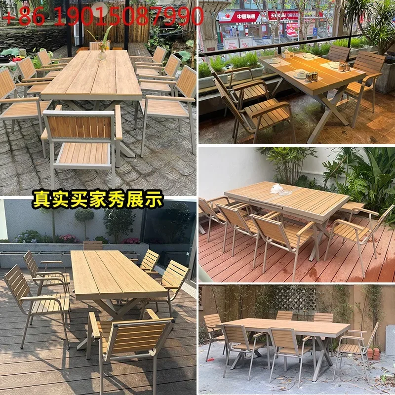 Outdoor plastic wood tables and chairs courtyard garden balcony preservative wood leisure table
