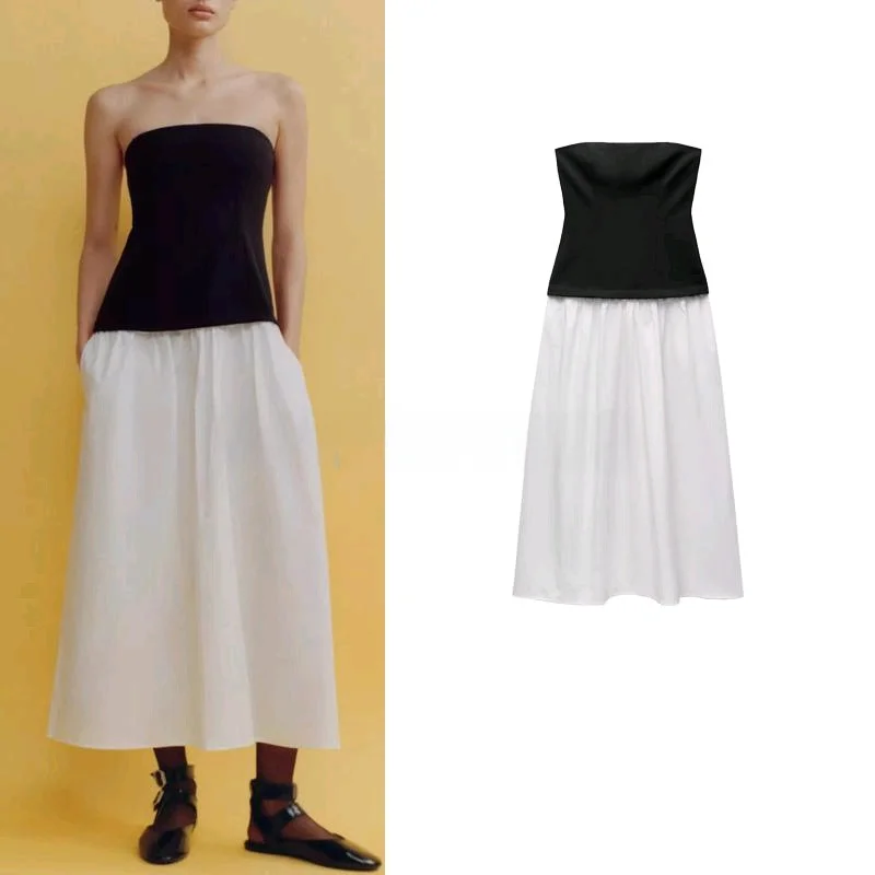 

Весенняя новинка: Модное женское платье миди с открытыми плечами, прямым воротником, многочисленными ремешками и юбкой А-силуэта с завышенной талией