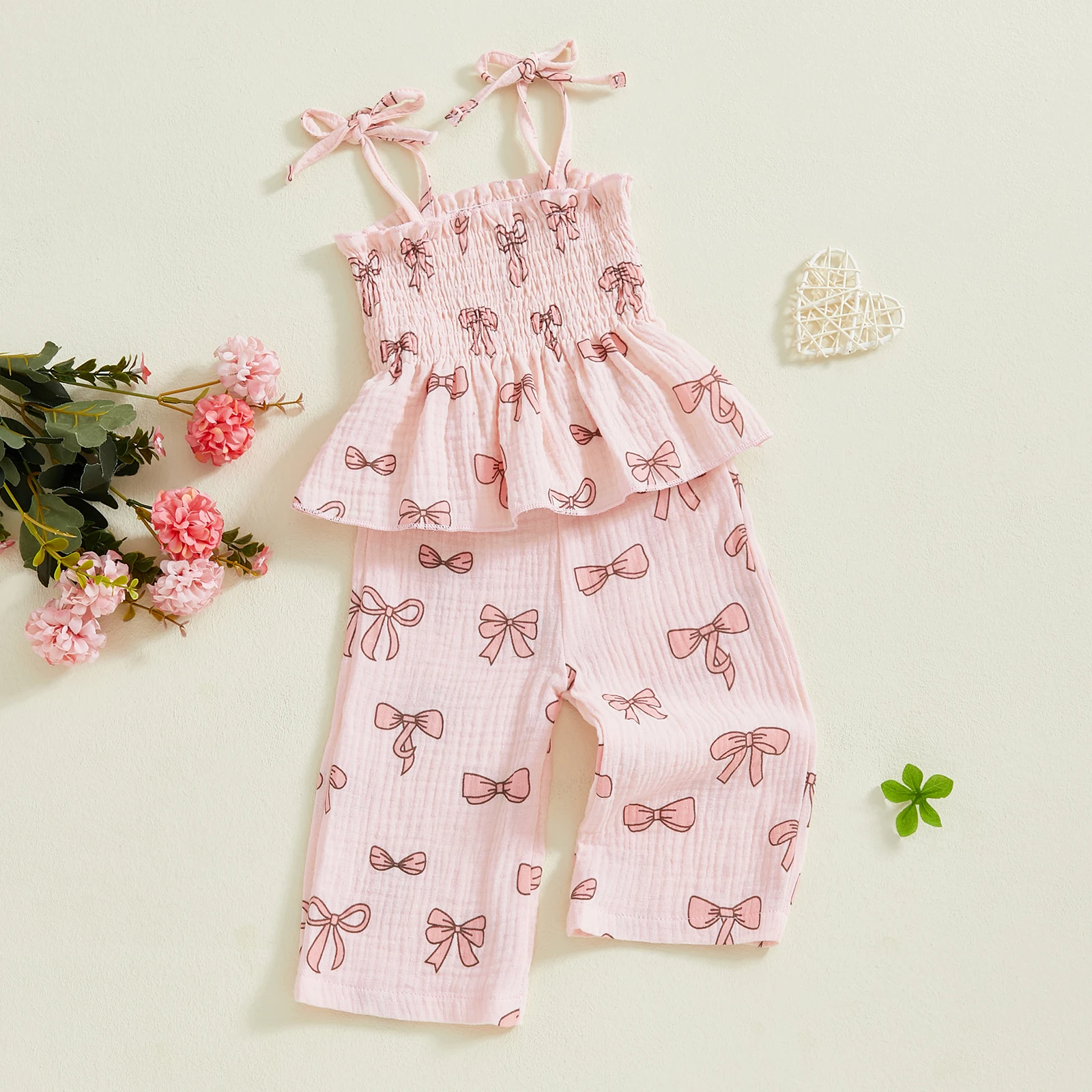 2026 Summer Baby Girl Cute Set Sleeveless Smocked Camisole Elastic Waist Pants 2 Piece Sets New Heart/Bow Outfits
