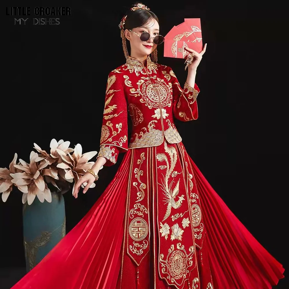 Modern Cheongsam Top + Skirt Suit Red Qipao Long Chinese Traditional Wedding Dress Oriental Style Xiuhefu Dresses