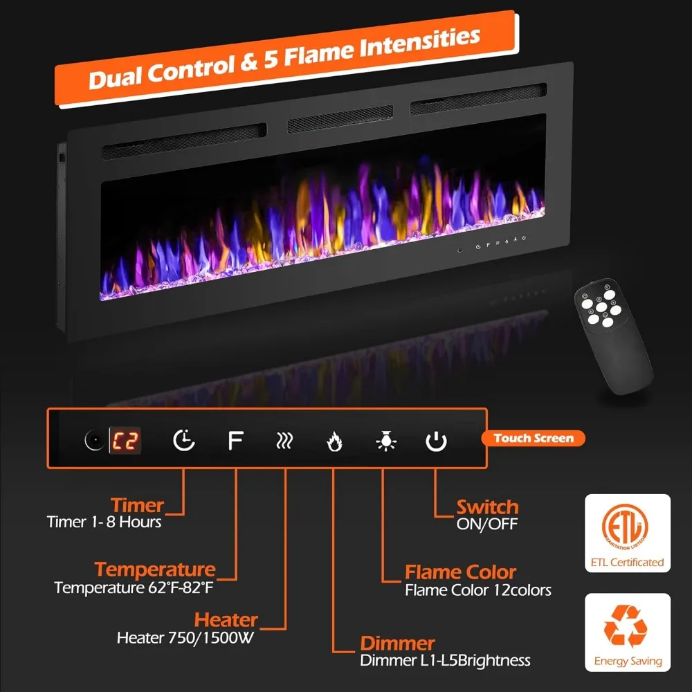 Chimenea eléctrica de 50 "montada en la pared y empotrada con Control remoto, calentador de chimenea de pared ultrafino de 750/1500W