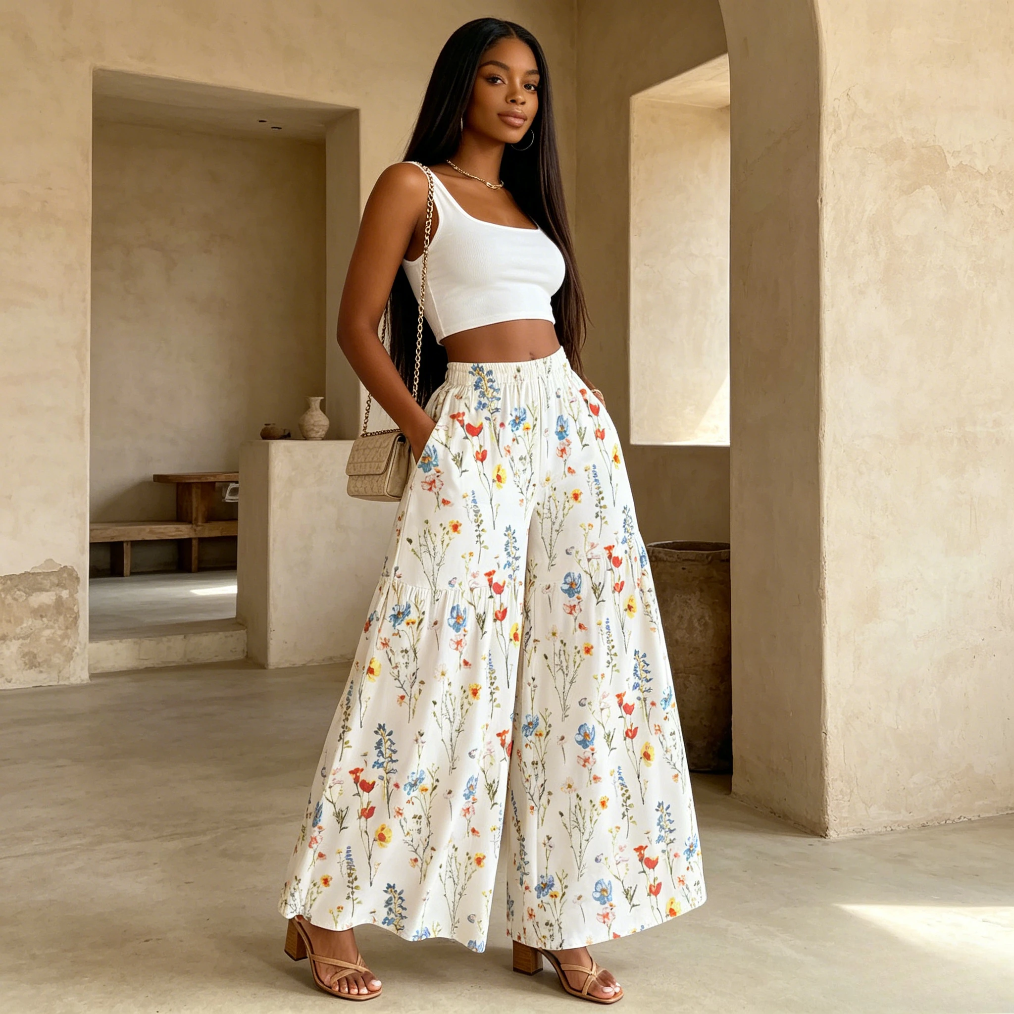 Pant Women Vintage Wide Leg Long Pants High Waist Straight Trousers Y2k Streetwear Elegant Splice Work Casual Loose Print Floral