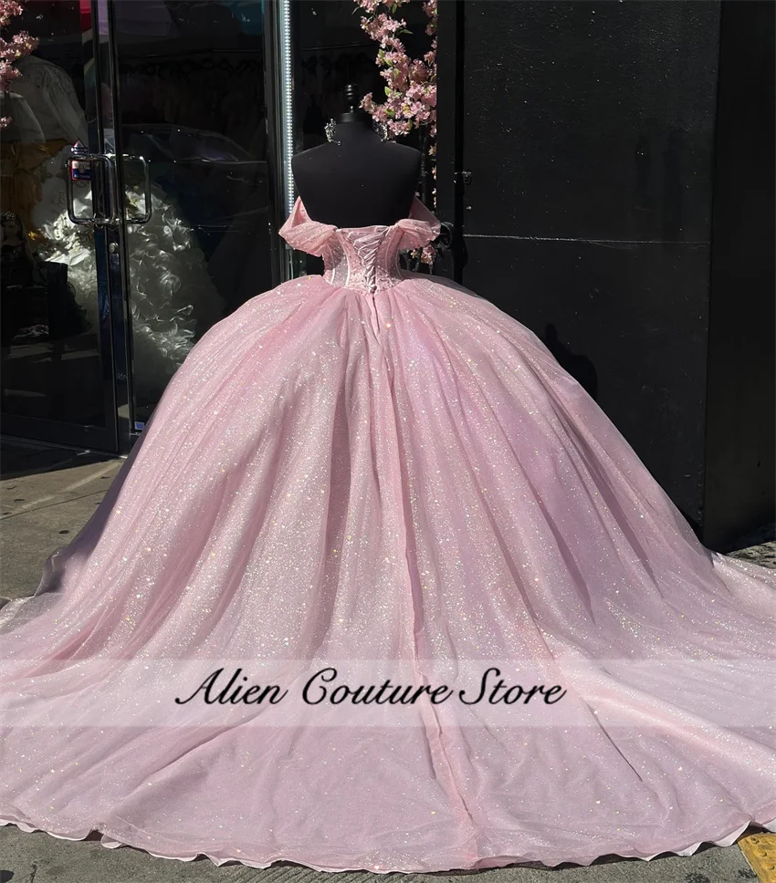 Vestido de princesa rosa para quinceañera, traje con cuentas de cristales y perlas, con cordones, para fiesta de cumpleaños, 2024