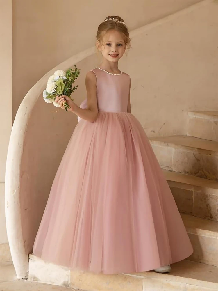 Robe longue en tulle satiné rose chair pour filles, jupe longue perlée, couleur personnalisée, robe de Rhde princesse élégante, robe de gala d'anniversaire