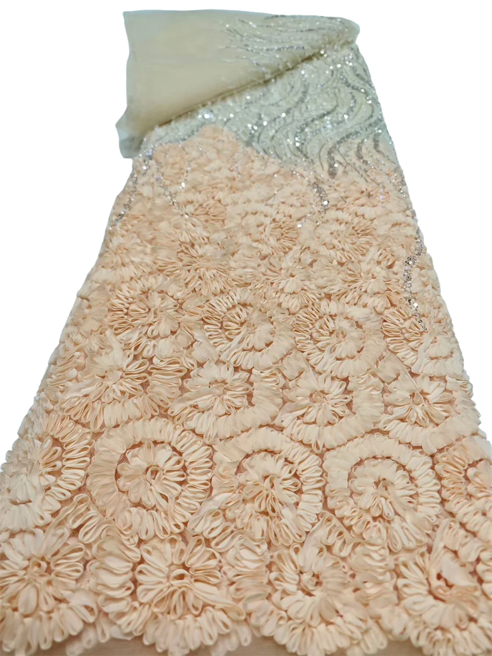 

Celebration African 3D Flower Lace Fabric Embroidery French Mesh Lace Fabric With Sequins Beads Nigerian Tulle For Women Party