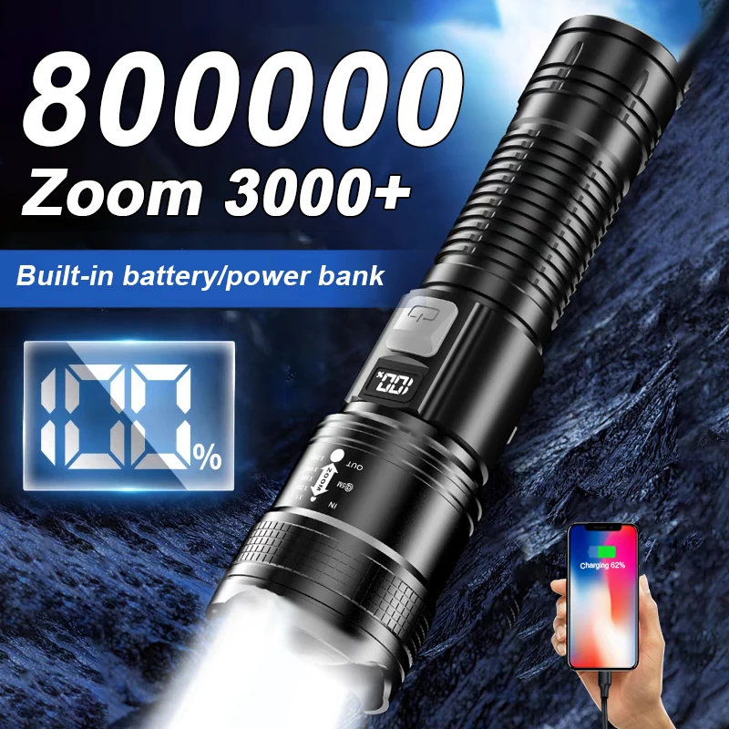 

800000LM High Power Led Flashlights Telescopic Zoom 3000m Usb Charging Flashlight Waterproof IPX6 Rechargeable Led Flashlight