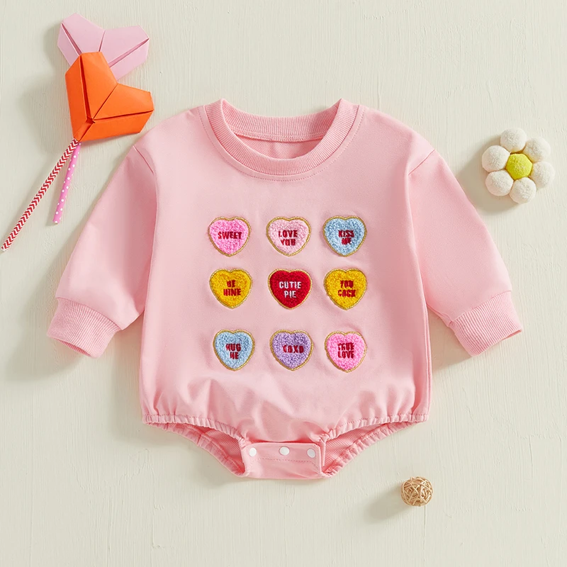 Baby Girl Sweatshirt Romper Heart Embroidery Long Sleeve Bubble Bodysuit Valentines Day Clothes