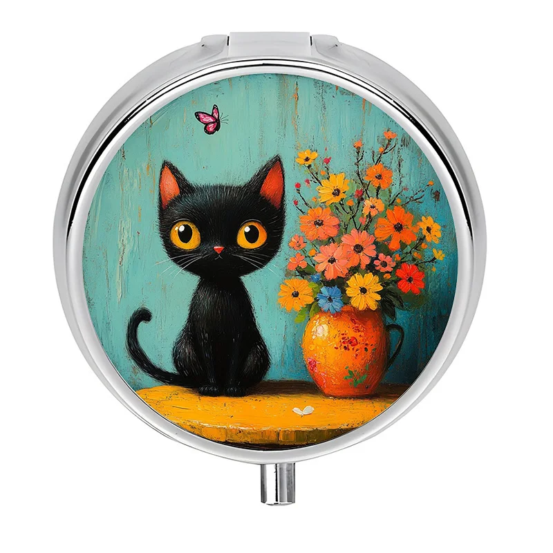 1 Pill Box with 3 Compartments, Cute Black Cat and Flower Themed Mini Pill Container, Pill Organizer, Unique Travel Gift