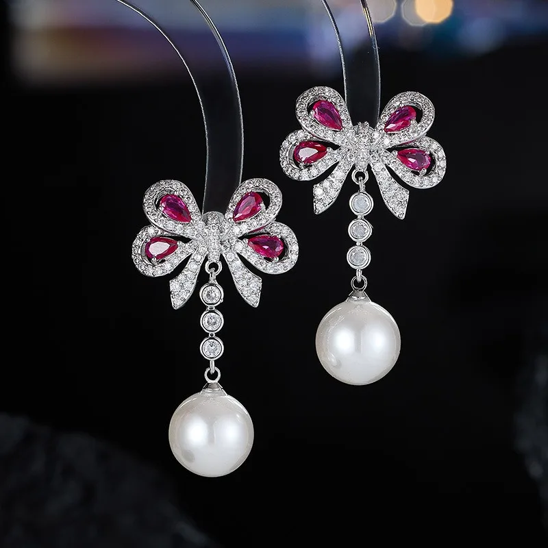 Cute bowknot earrings fushia blue green zirconia pearl drop dangling earrings for women