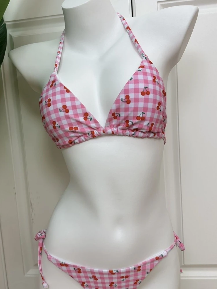 Kawaii Cherry Halter Strap Bikini Set Women Y2k Cute Sweet Style Beach Party Bathing Suit Japanese Casual Sexy Lovely Swimwear