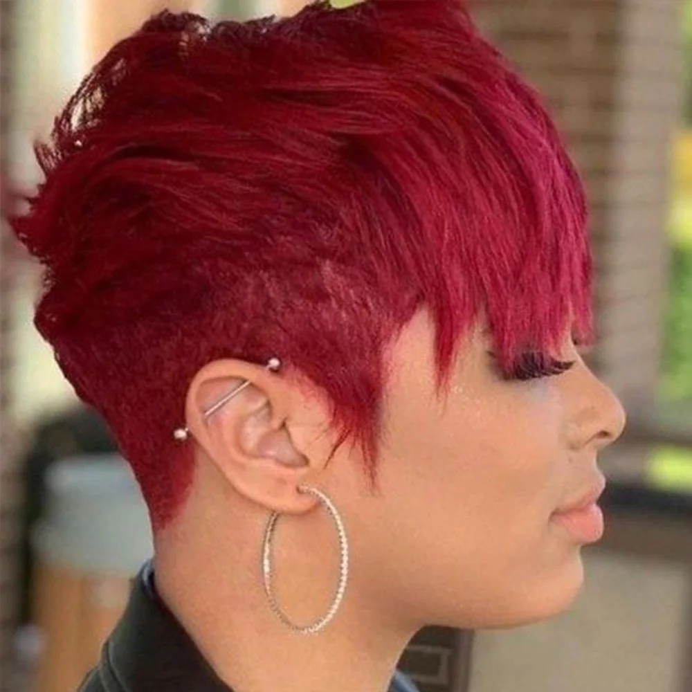 باروكات قصيرة بقص عابث للنساء ذوات البشرة السمراء، باروكة من شعر بشري ريمي بورجوندي مع غرة مصنوعة آليًا للاستخدام اليومي #3