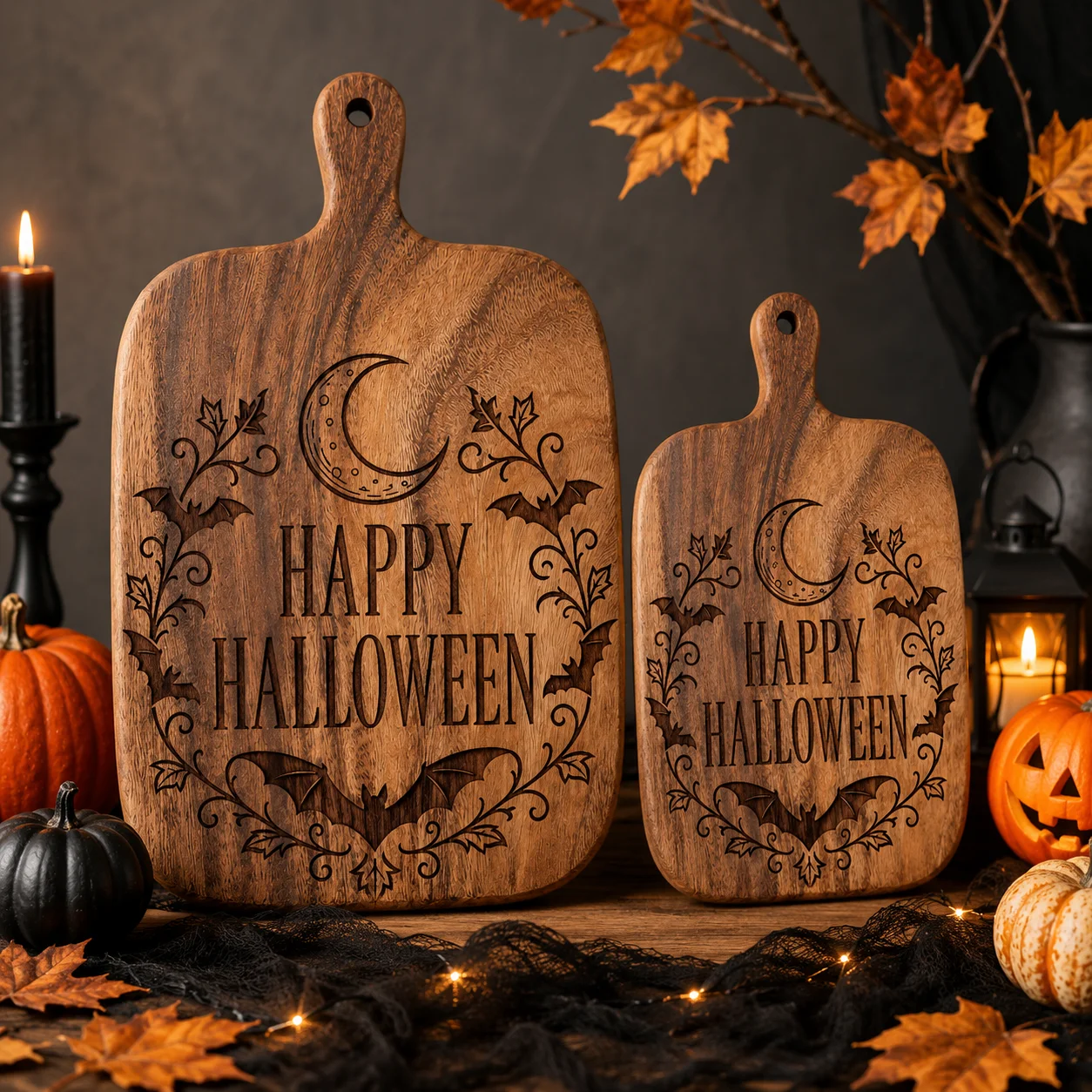2Pcs/1Pc Halloween Wooden Carved Cutting Board Artistic Carved Steak Board Tabletop Decorative Cutting Board Stylish Long Handle, Made of Solid Wood, Used for Cutting Meat, Cheese, Bread, Vegetables, and Fruits - Deli Board, Cheese Serving Board, Perfect for Food Slicing and Presentation, Portable Camping Cutting Board, a Must-Have for Modern Home and Country Kitchens Mother's Day Gifts, Wedding Season Kitchen Supplies