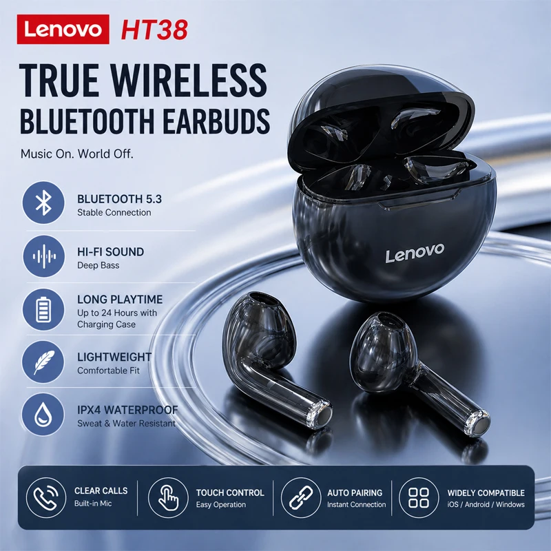 Lenovo HT38 TWS Bluetooth Earbuds Wireless Headphones Mini Headset with Dual Mic Noise Reduction HiFi Stereo Sound 9D 2026 New
