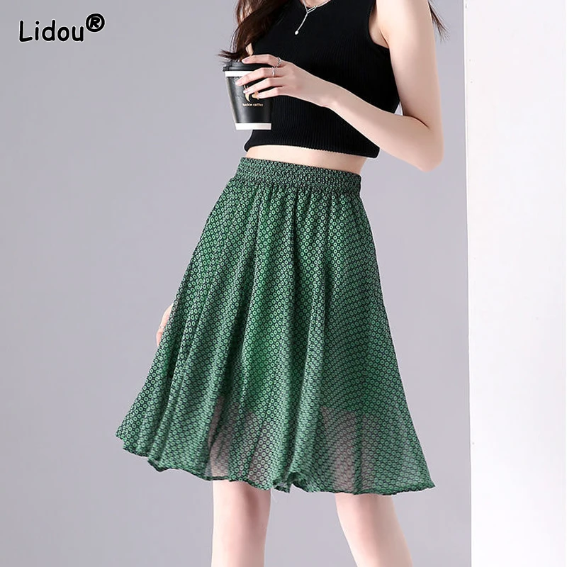 Women's Clothing 2023 New Fashion Elastic Waist Printing Korean Casual Dot Pattern Loose Elegant Summer Thin Knee Length Skirts