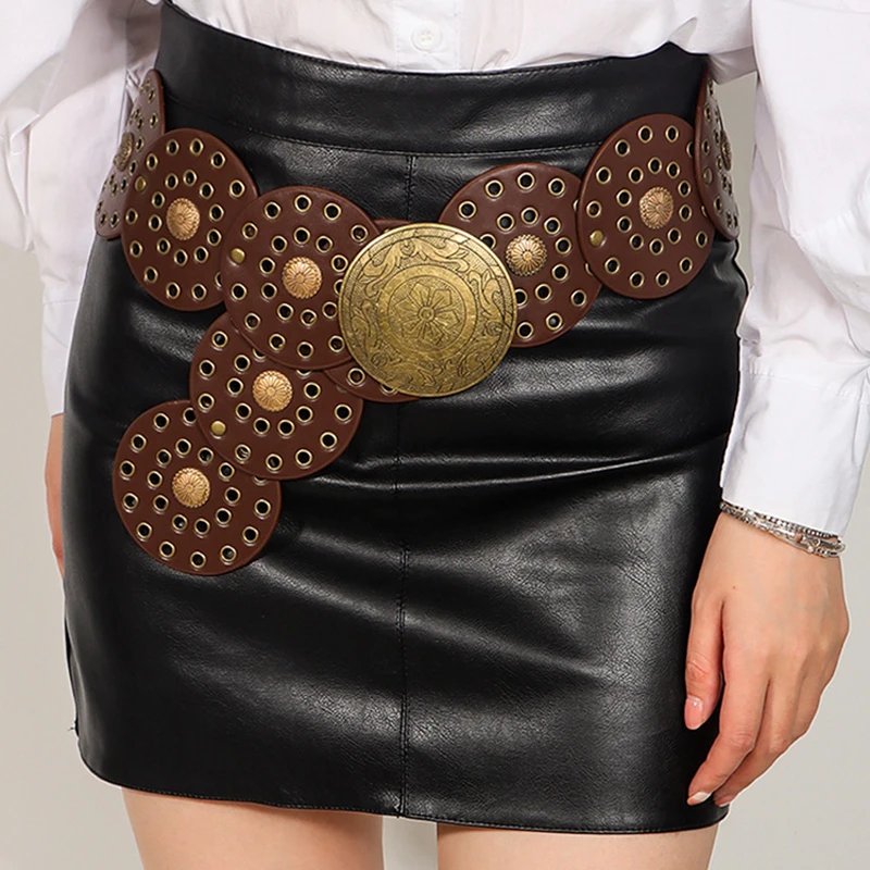 

Round Hollow Belt Wide Waistbelts Vintage Disc Wide Belts Metal Buckle Cowboy Western Style Exaggerated Women Vintage Waistband