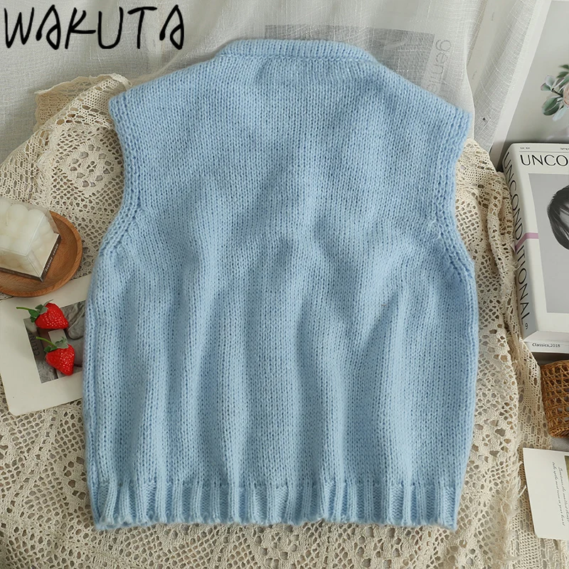 WAKUTA O collo ricamo maglione floreale gilet donna blu rosa Vintage dolce lavorato a maglia canotte monopetto senza maniche Cardigan