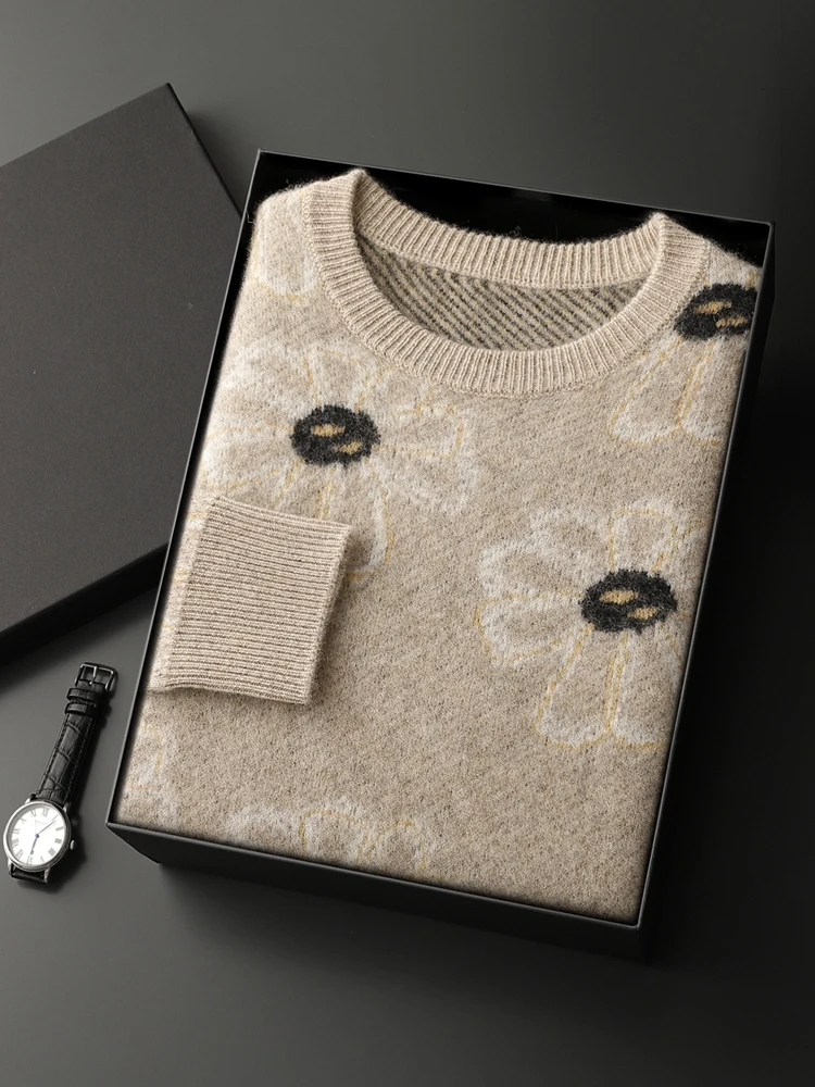 

Thick Men's Casual Loose Warm Pullover Vintage Jacquard Age-Reducing 100% Cashmere Light Soft Autumn Winter Clothing Tops