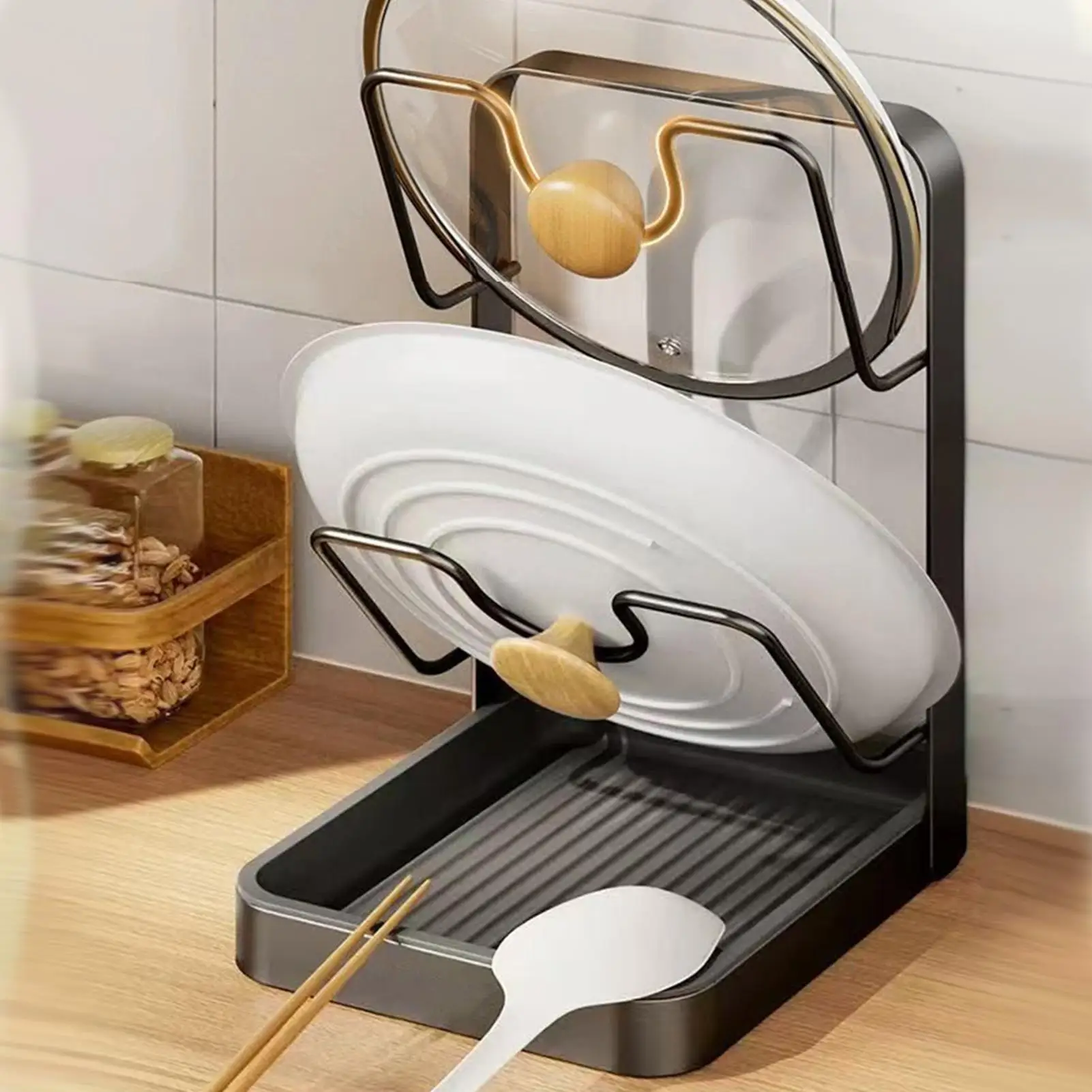 

Lid Holder Space Saving Storage with Drain Tray Kitchen Lid Rack for Pot Pan for Ladle Spatula Spoon Plate Dish Cabinet