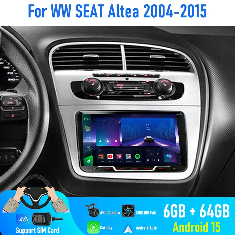 

9'' For VW SEAT Altea 2004-2015 Car Radio 4G SIM Carplay Android 15 Auto GPS BT Steering Wheel Control Head Unit Google Map FM