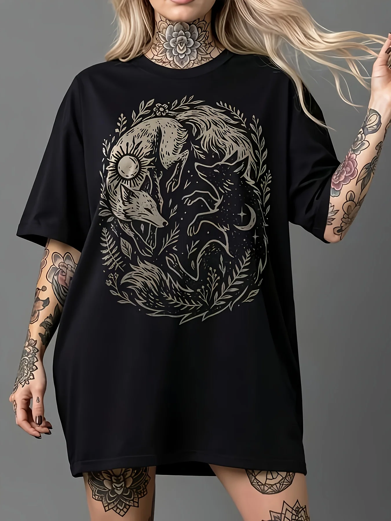 Womens New Fox Yin Yang Witch Forest Dark Academia Style Natural Aesthetic Round Neck Black T ShirtBreUnisex Casual Wear