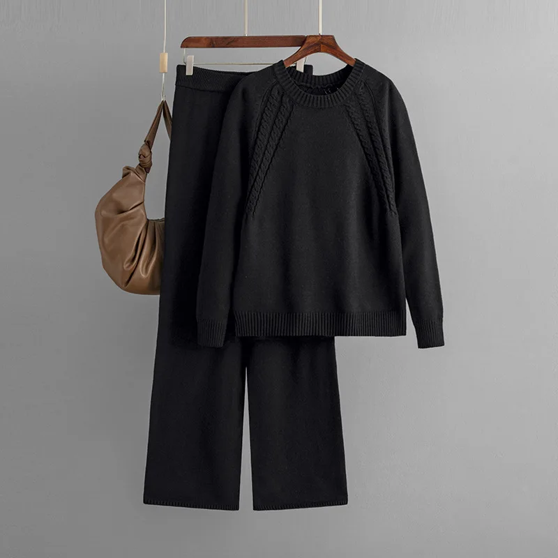 Autumn Women Solid Pants Suits O Neck Sweater Pullover+Elastic Waist Long Loose Suit Pant New Fashion Knitted Two Pieces Sets