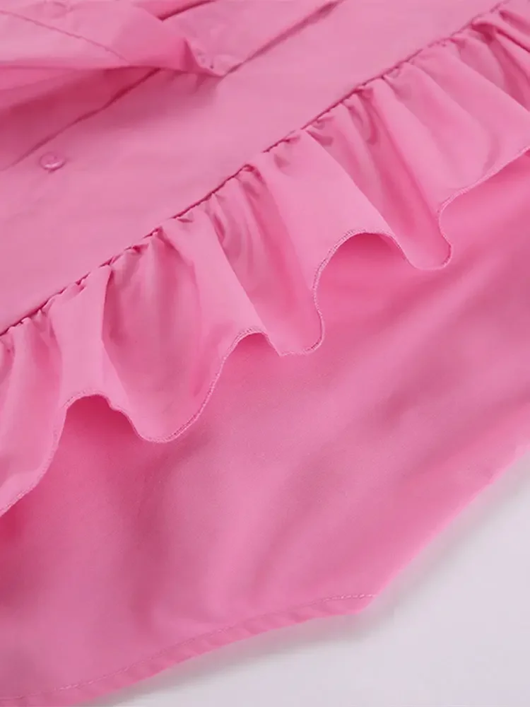 Ruffles Solid Women Shirt Pink Blue Lapel Female Top 2025 Elegant Fashion Single Breasted Flare Long Sleeve Lady Blouses