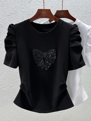 Stylish Office Lady T-Shirt with Folds and Waistline, French Bubble Sleeves and Butterfly Knot for Plus Size Women in Summer