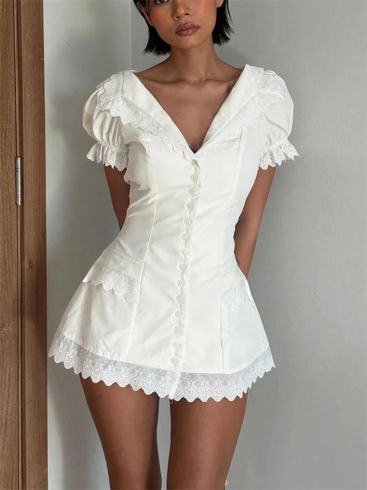 

Tossy White Lace Ruffled Mini Dress For Women V-Neck Lace-Up Slim Patchwork High Waist Elegant Dress Female Bodycon Dress 2026
