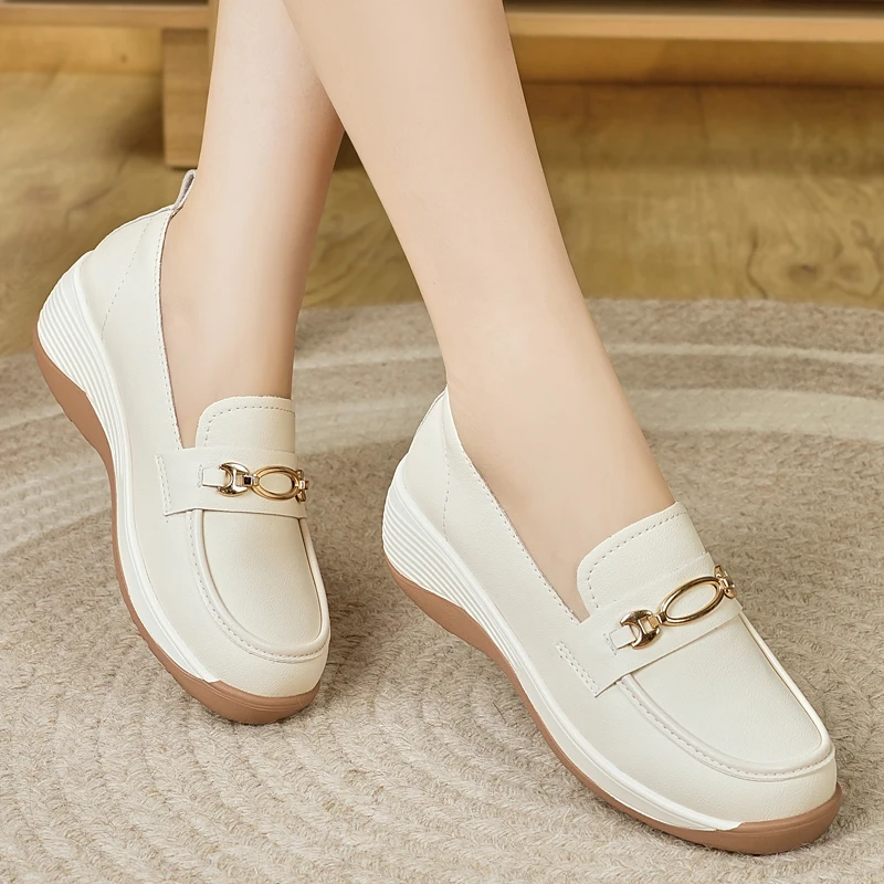 

Women's Leather Wedge Loafers - Slip-On Metal Buckle Non-Slip Casual Walking Shoes