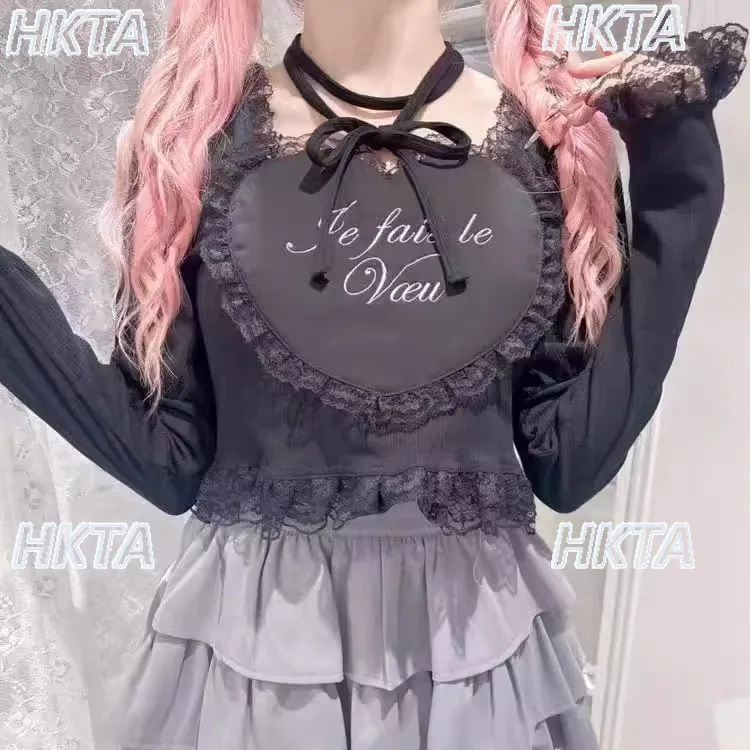 

Japanese Sweet Autumn Commuting Lace Big Love Square Collar Long Sleeve Slim Fit T Shirt Cute Versatile Short Top T-shirt Women