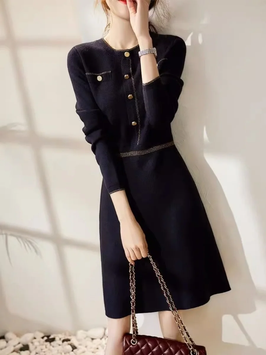 

Женское трикотажное платье Slim Fit с длинным рукавом в стиле шинуазри, модное, без бирки, на пуговицах, со скидкой