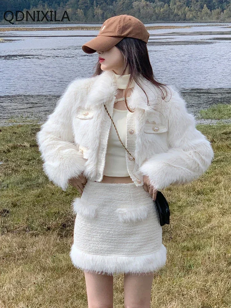 Two-Piece Set of Faux Fur Coat for Women, Short and Thickened Jacket, Mini Skirt, Little Fragrant Style, Autumn and Winter