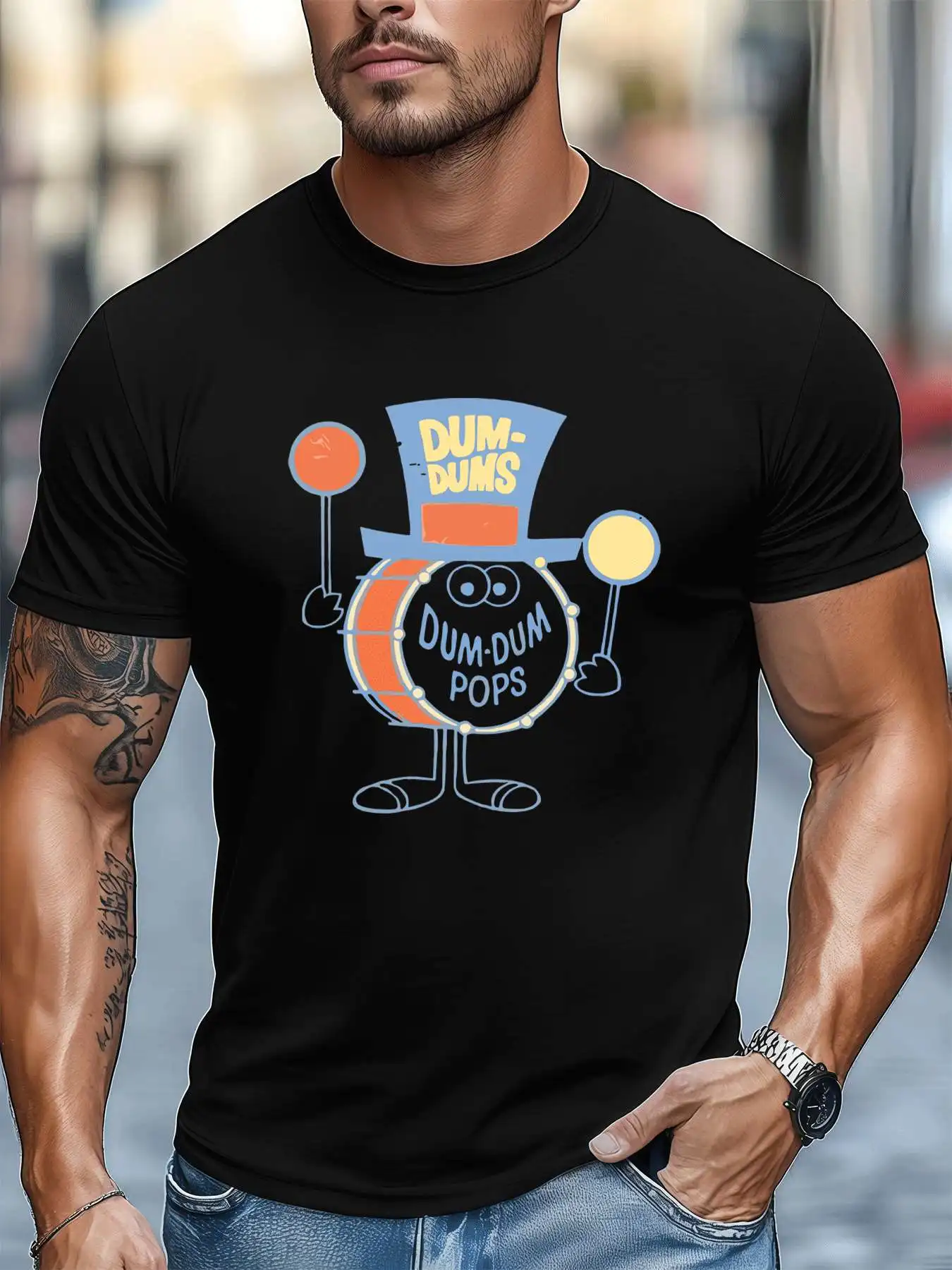Cartoon Drummer Graphic Tee  Men's 220gsm New Summer Casual Crew Neck Pure Cotton Short-Sleeved T-Shirt