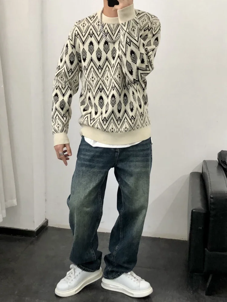 بلوفرات الدراجات النارية للرجال جرافيك أسود بالإضافة إلى حجم كبير ملابس تريكو كورية عصرية بأكمام طويلة Y2k سترة رجالية منسوجة فضفاضة