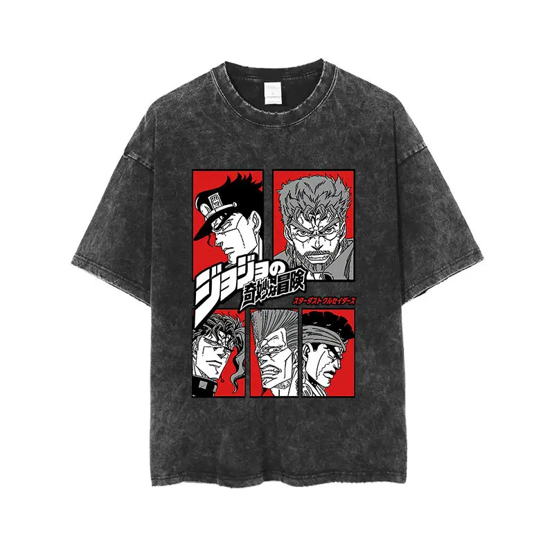 

Футболка Jojo's Bizarre Adventure 2026 Summer Vintage из выстиранного хлопка, оверсайз, в уличном стиле, с принтом Джотаро Куджо и Стар Платинум Стэнд