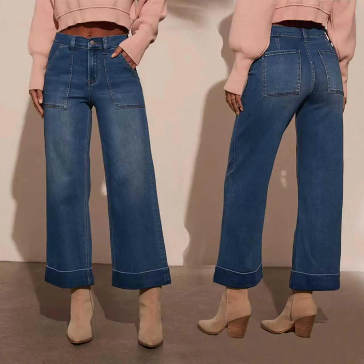 High Waist Elastic Loose Jeans Casual Style Cotton Fabric Adult Blue Denim High Elasticity Comfortable Fit High Waist Jeans