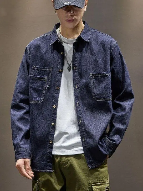 

American Casual Denim irt Men's Korean Version Haome Workwear Thin Outerwear Spring Autumn Vintage Deep Blue irt Versa...