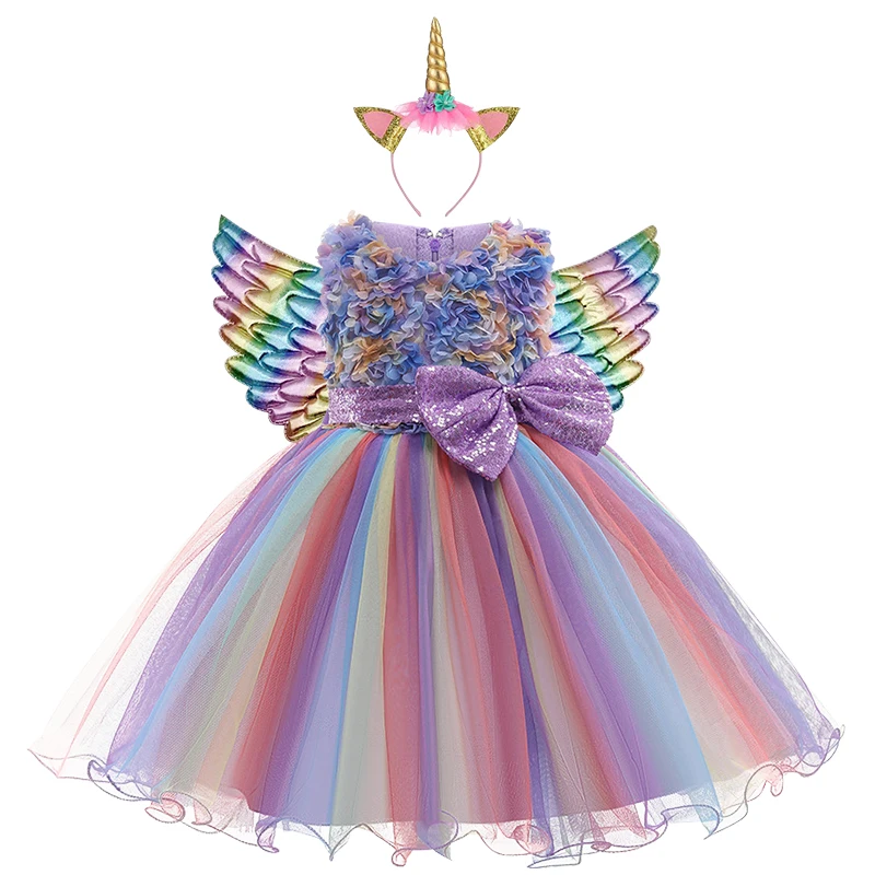 

Carnival Party Girls Unicorn Cosplay Dress Baby Summer Clothes Dresses Children's Sleeveless Colorful Bow Mesh Evening Gown