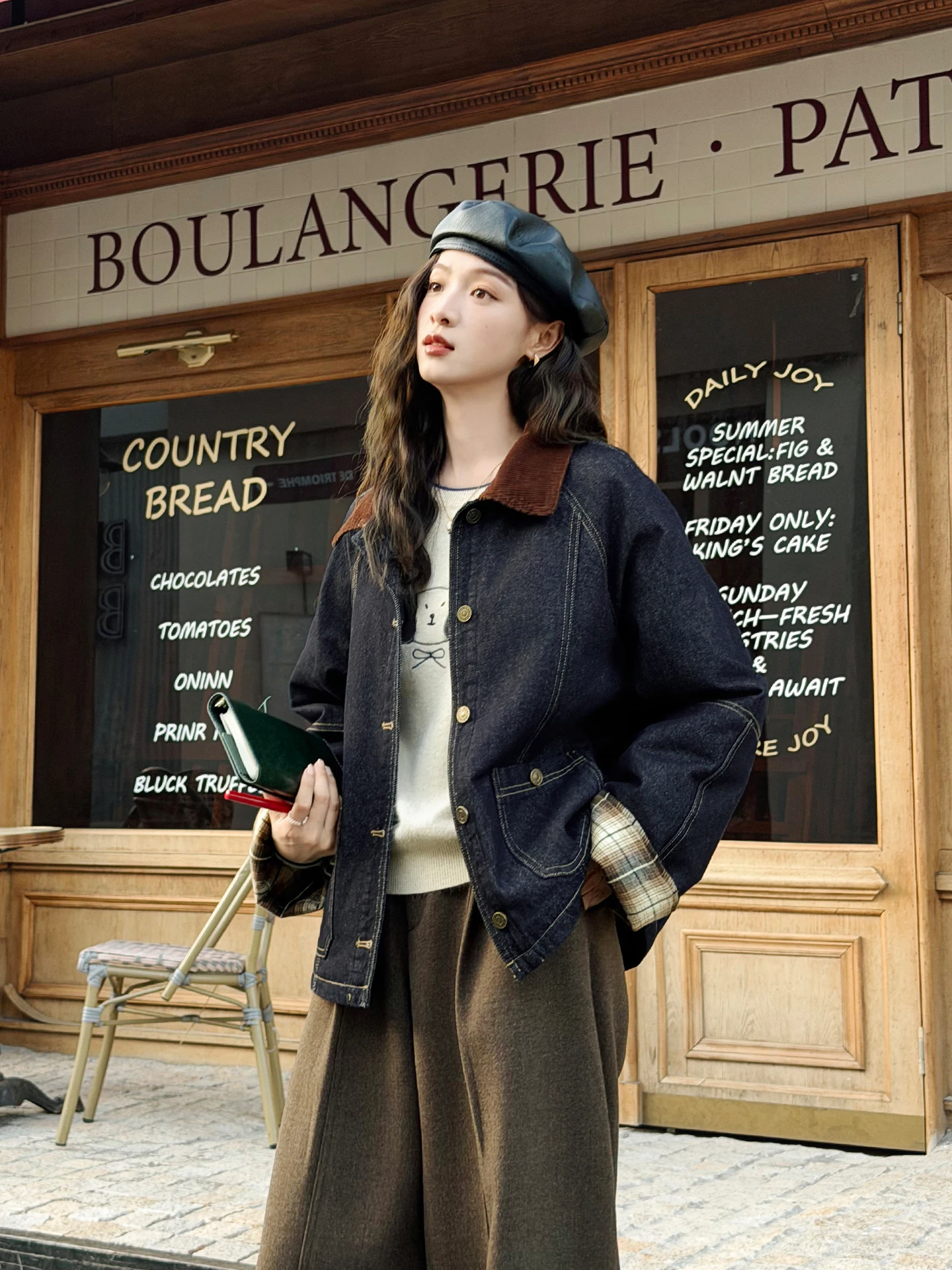 

Loose Casual Cotton Denim Jaet Blue Plaid Splicing Vintage Sle Women's Long Sve Collar Coat Thiened Inner Cotton