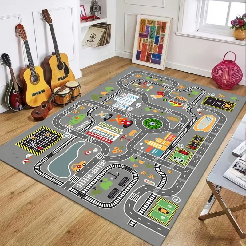 Kids City Traffic Road Game Area Rug Soft Non-Slip Playmat Road Car Park Print Indoor Decorative Carpet for Living Room Bedroom
