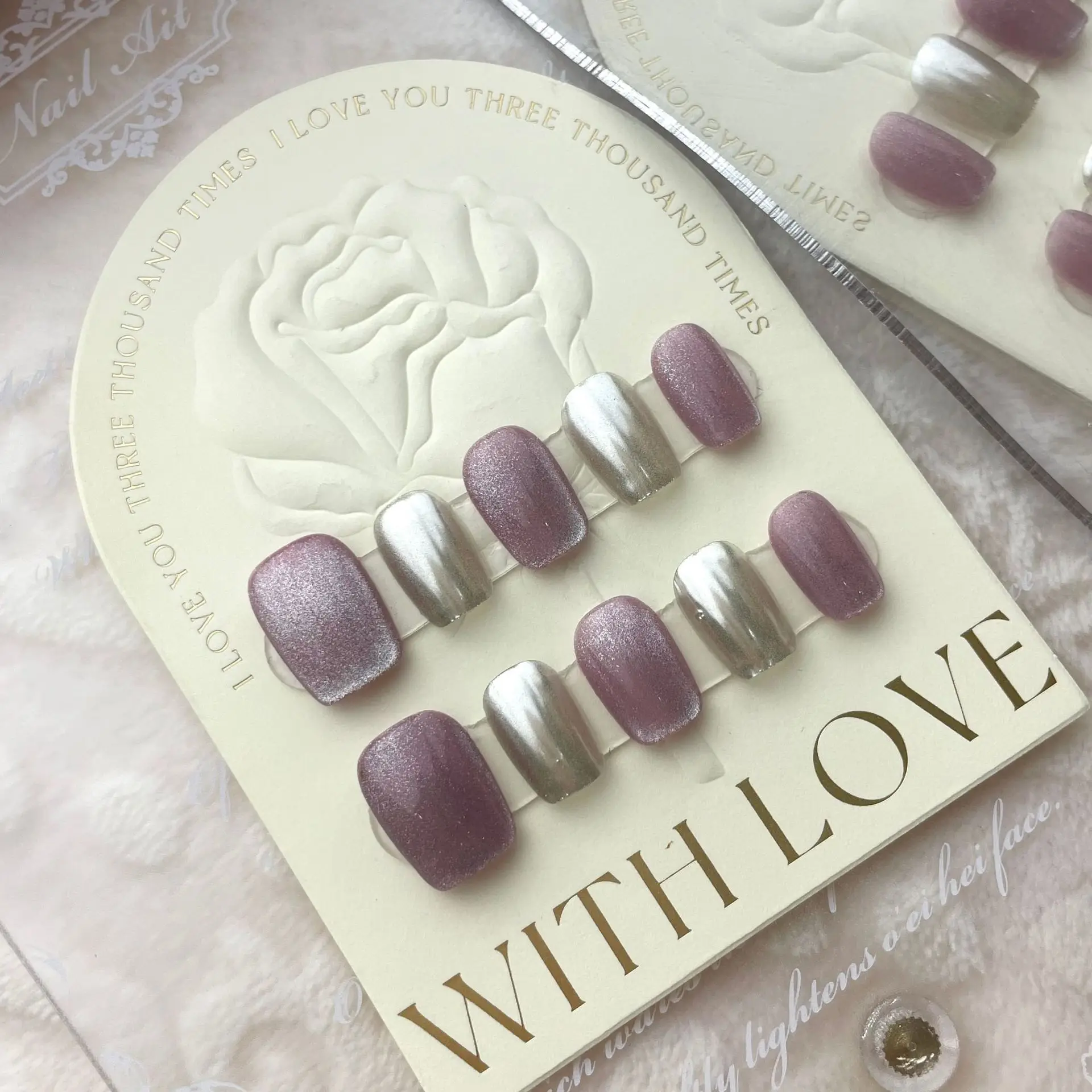

10 PCS Luxury Handmade Press on Nails Short Trapezoid Crescent Moon Design False Nails with 4-PIECE Tool Adhesive Nail Glue Tabs